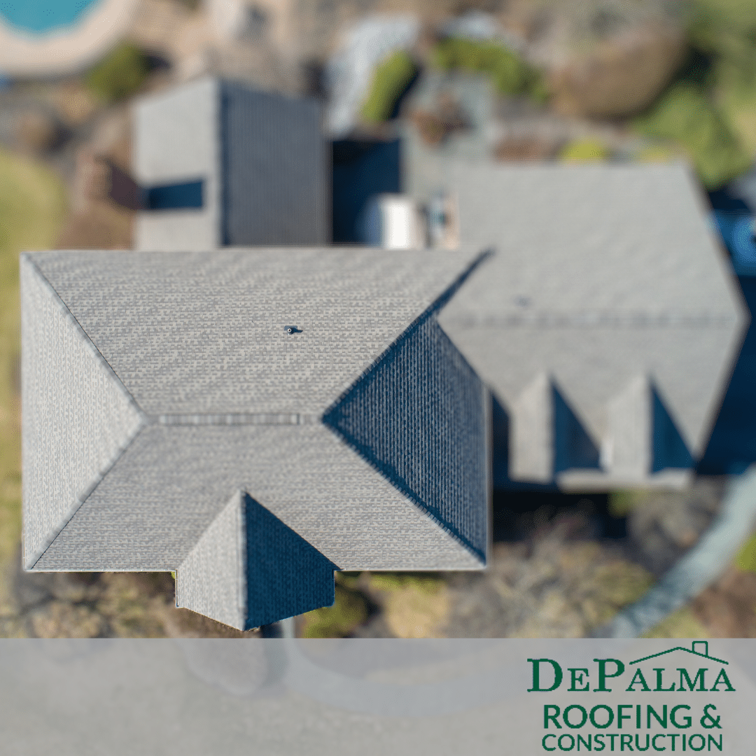 asphalt shingle roof overhead view with logo for depalma roofing and construction