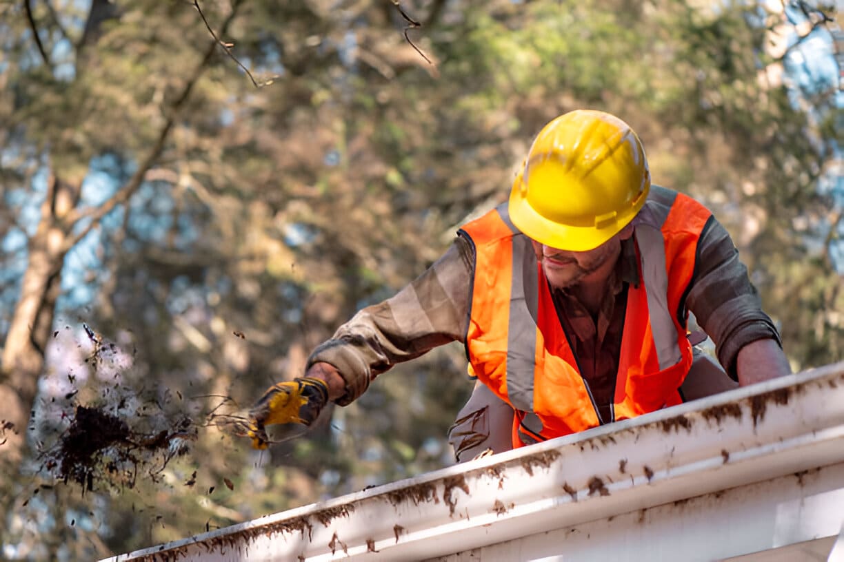 safety helmet and high visibility vest cleans debris from house gutters.