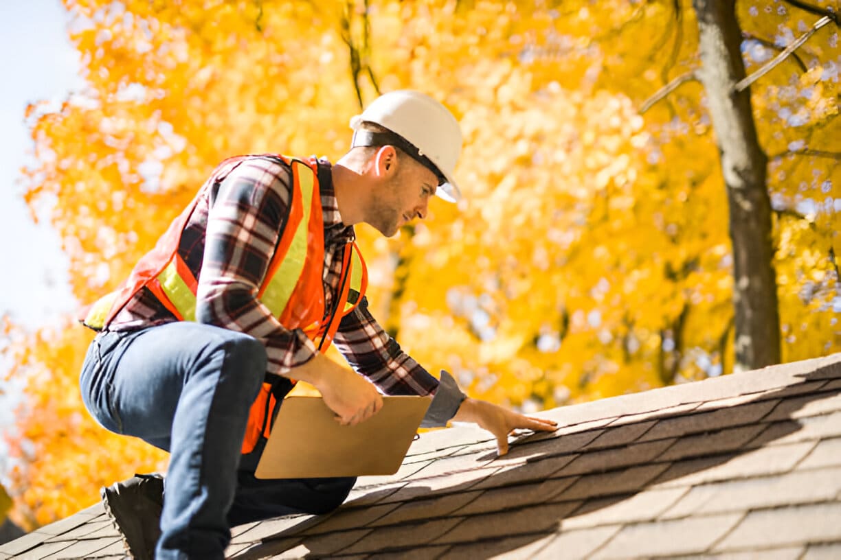 A man with hard hat standing on steps inspecting house roofing warranties